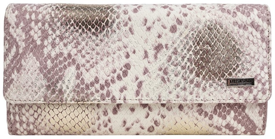 Кожаный кошелек на кнопке для женщин с фактурой под змею Desisan 107207 бежевого цвета modnotak фото №1