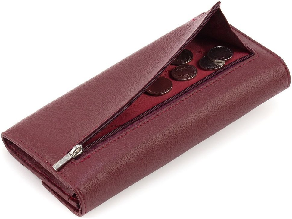 Бордовый женский кошелек из натуральной кожи с ассиметричным клапаном на кнопке ST Leather 1767407