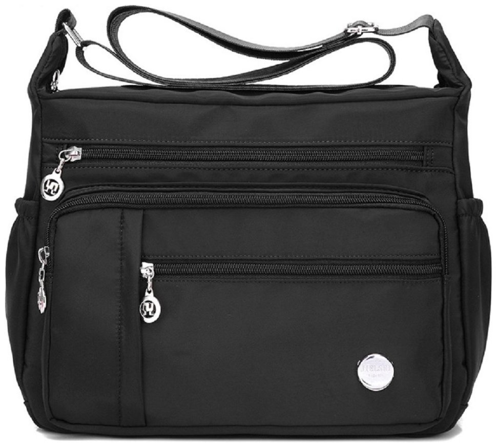 Текстильная женская сумка-мессенджер черного цвета через плечо Confident 77607