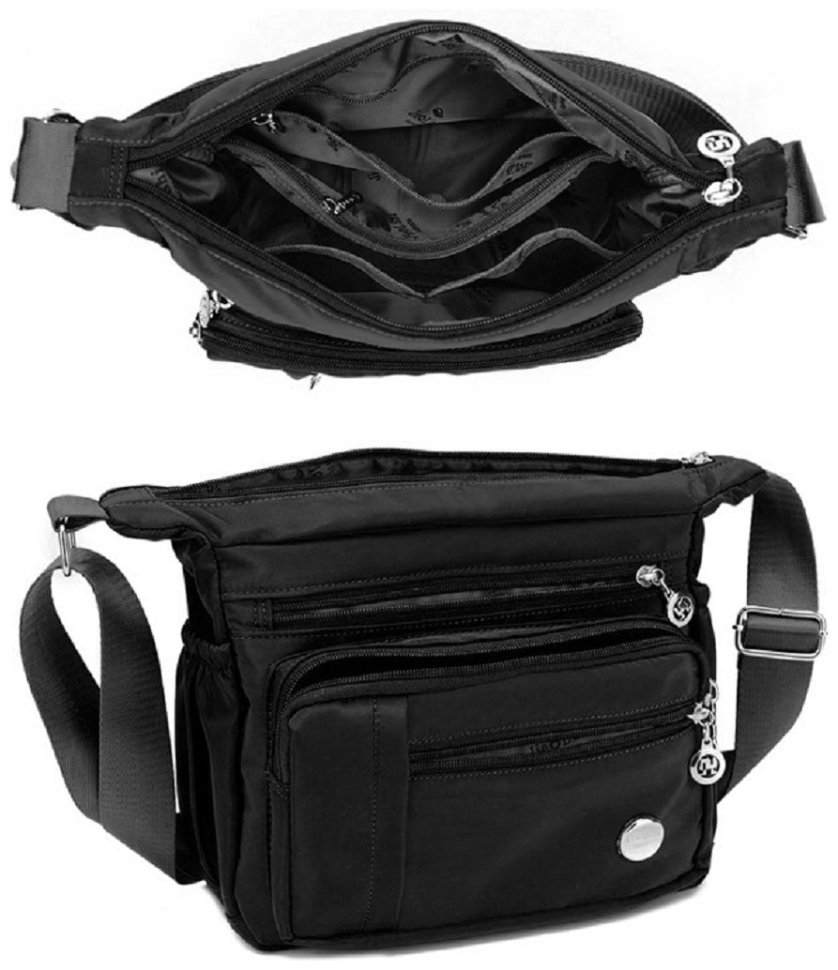 Текстильная женская сумка-мессенджер черного цвета через плечо Confident 77607