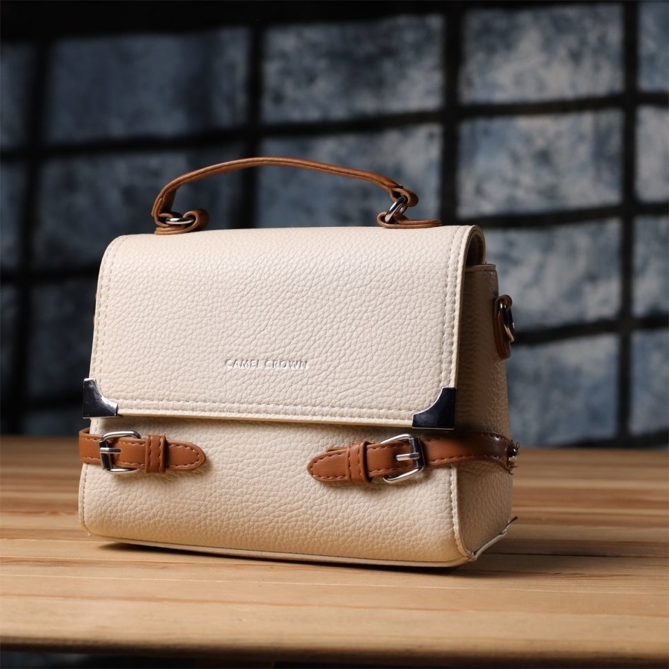 Городская женская сумка на каждый день из качественного кожзама Vintage бежевого цвета 97607 modnotak фото №8