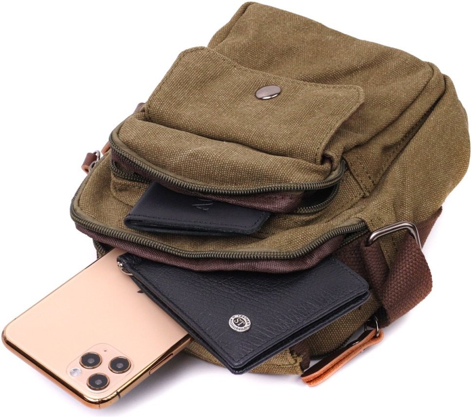 Маленькая мужская сумка-барсетка оливкового цвета из плотного текстиля Vintage 2422219