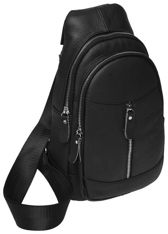 Чоловічий великий шкіряний слінг-рюкзак чорного кольору Borsa Leather 73008