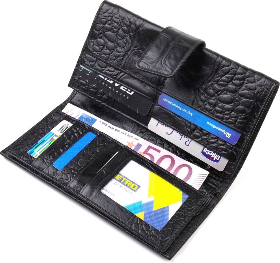 Чорний вертикальний гаманець з натуральної шкіри з тисненням під крокодила CANPELLINI (2421844)