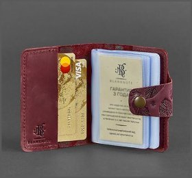 Визитница из натуральной кожи бордового цвета с рисунком перьев BlankNote (12231)