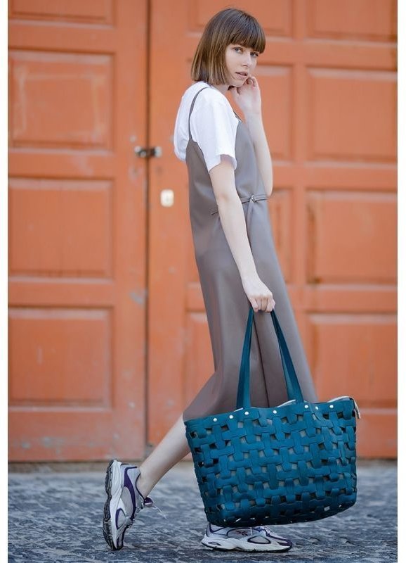 Фирменная женская сумка из натуральной плетеной кожи зеленого цвета BlankNote Пазл Xl (12780)