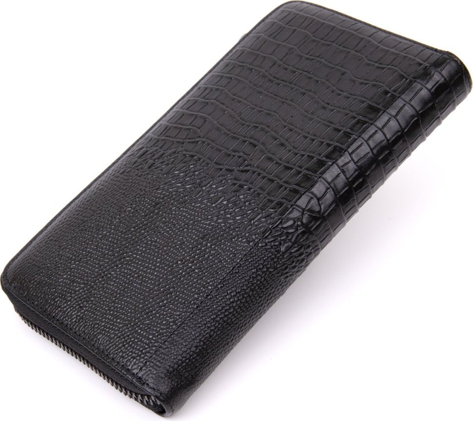 Мужской кошелек-клатч из натуральной кожи черного цвета под рептилию Vintage (20438)
