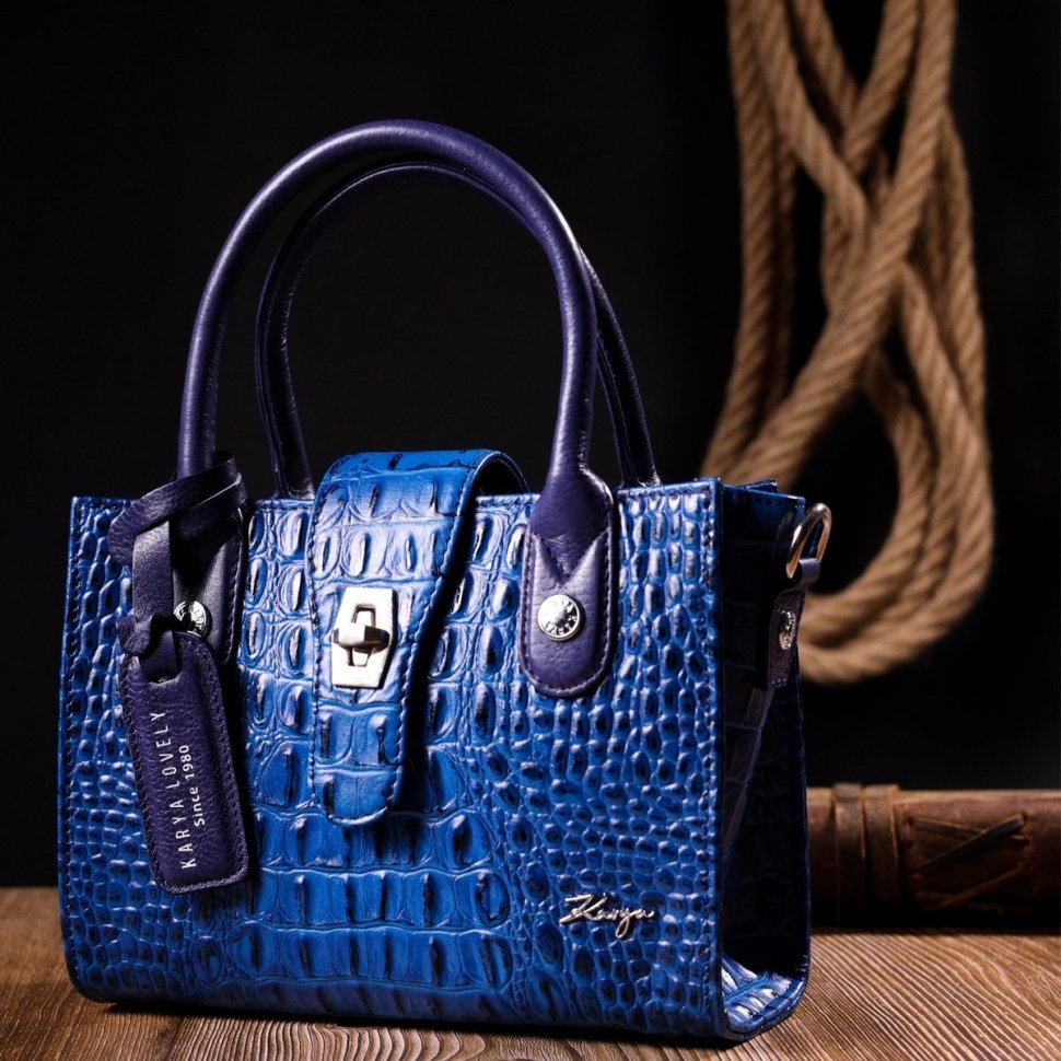 Мініатюрна жіноча сумка синього кольору з натуральної шкіри з фактурою під крокодила KARYA (2420894)