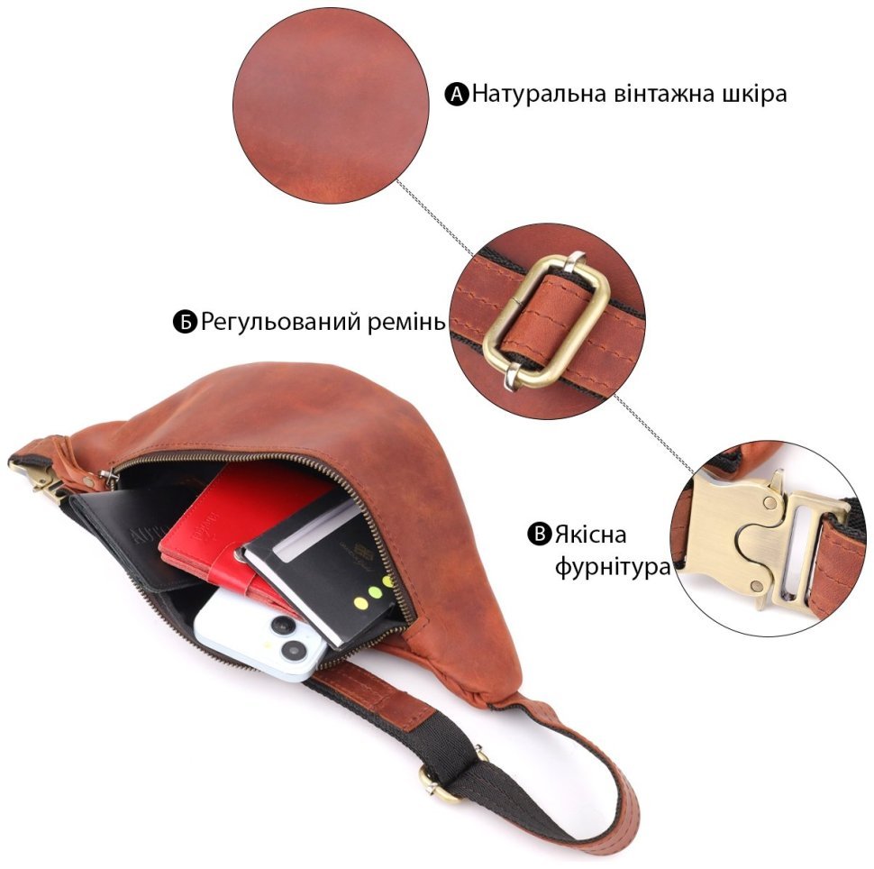 Качественная мужская сумка-бананка из винтажной натуральной кожи Shvigel 95108 рыжего цвета modnotak фото №4