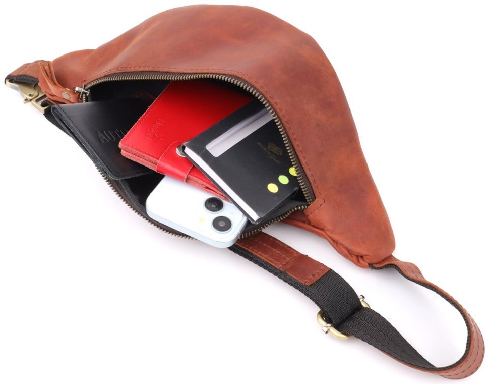 Качественная мужская сумка-бананка из винтажной натуральной кожи Shvigel 95108 рыжего цвета modnotak фото №8