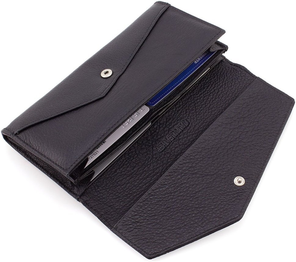 Женский кожаный кошелек черного цвета с ассиметричным клапаном на кнопке ST Leather 1767408