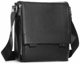 Компактная кожаная мужская сумка-планшет черного цвета с клапаном Tiding Bag 77508