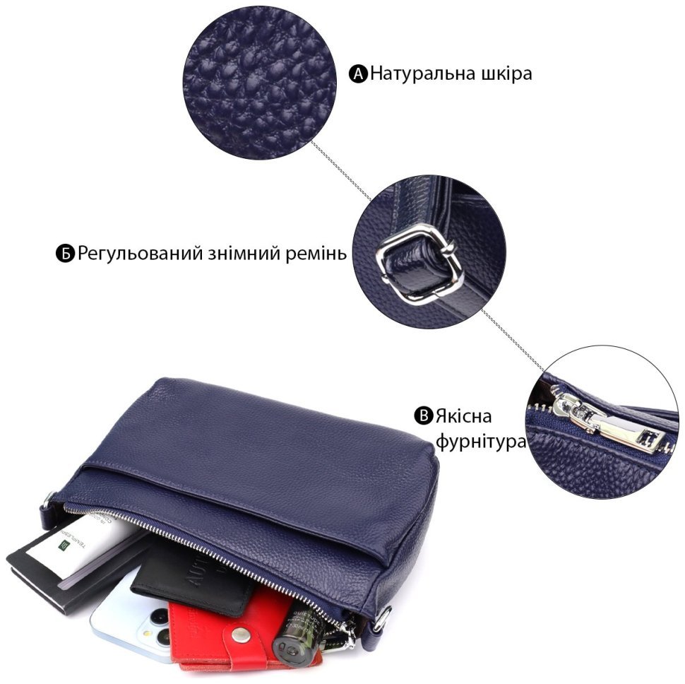 Стильная женская сумка из натуральной кожи с двумя сменными ремнями Vintage 98208 синего цвета modnotak фото №4