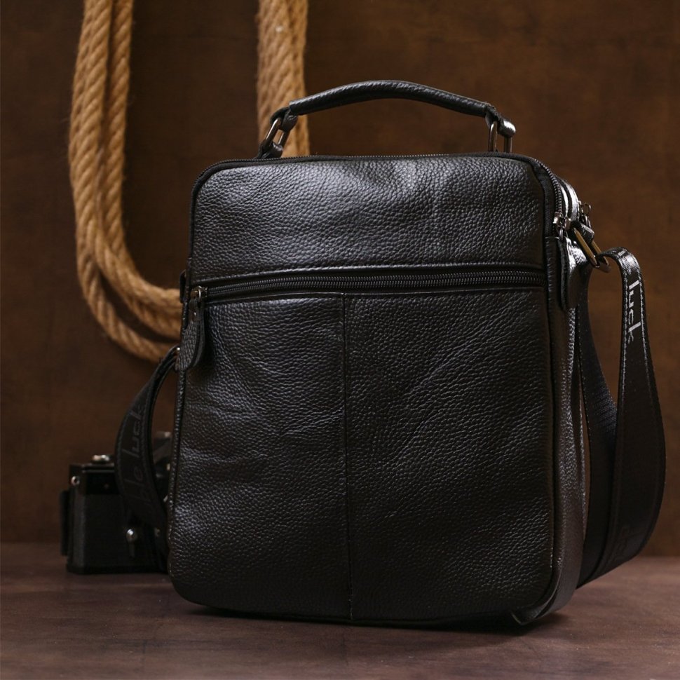 Оригинальная мужская сумка-барсетка из черной кожи на две молнии Vintage (20683)