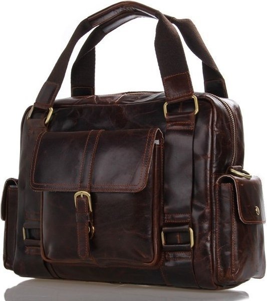 Вместительная коричневая кожаная сумка с золотистой фурнитурой VINTAGE STYLE (14235)