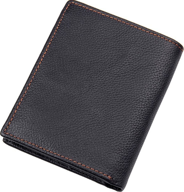 Чоловіче портмоне із зернистої шкіри чорного кольору з коричневою строчкою - Vintage (2414598)