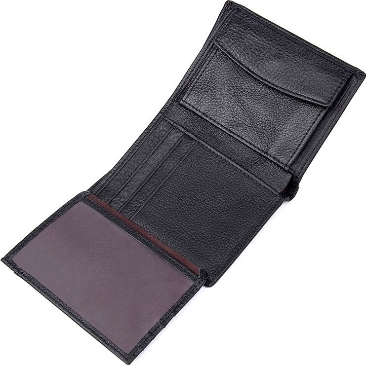 Чоловіче портмоне із зернистої шкіри чорного кольору з коричневою строчкою - Vintage (2414598)