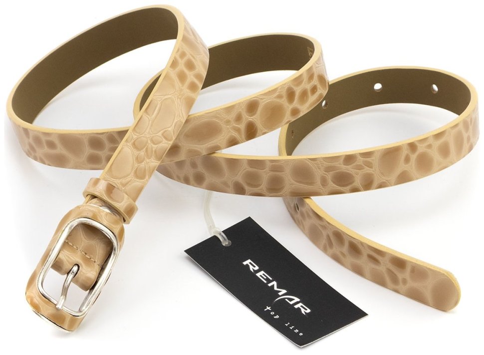 Узкий 2 см ремень кожаный лаковый фактура под рептилию Remar 21204 бежевый фото №3 Узкий 2 см ремень кожаный лаковый фактура под рептилию Remar 21204 бежевый modnotak фото №3