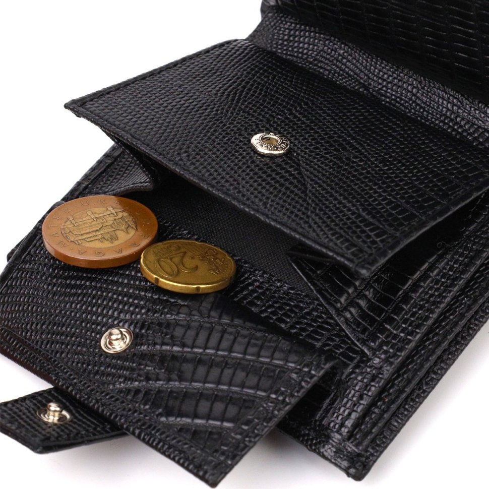 Черное мужское портмоне из натуральной кожи под рептилию с хлястиком на кнопке CANPELLINI (2421745)