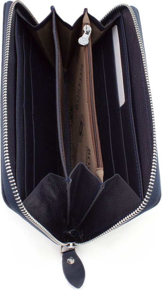Темно-синий кожаный кошелек на молнии с запястным ремешком BOSTON (17390)