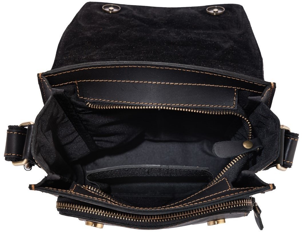 Черная мужская сумка-мессенджер из винтажной кожи с золотистой фурнитурой Tiding Bag (15777)