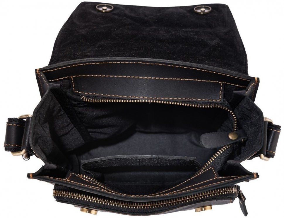 Чорна чоловіча сумка-месенджер з вінтажній шкіри із золотистою фурнітурою Tiding Bag (15777)