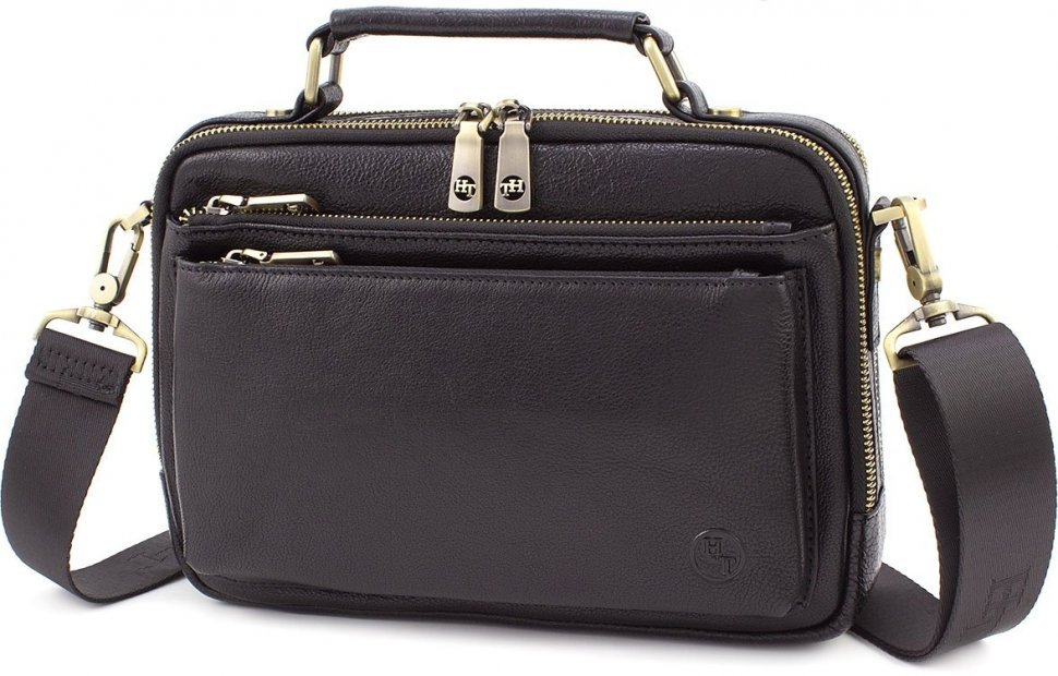 Чоловіча горизонтальна сумка-барсетка із добротної натуральної шкіри чорного кольору H.T Leather (10376)