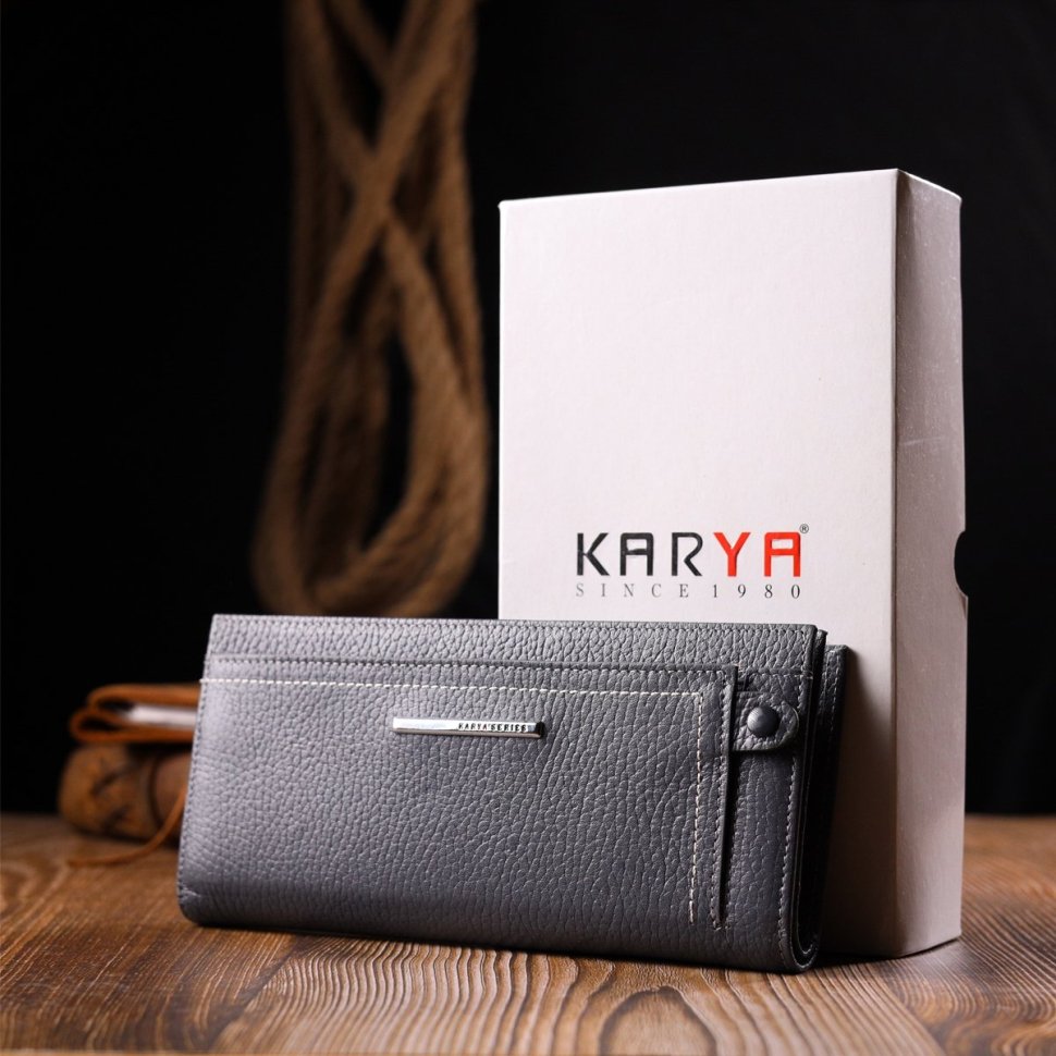 Сірий жіночий крупний гаманець з натуральної шкіри з відсіком під карти KARYA (2421095)