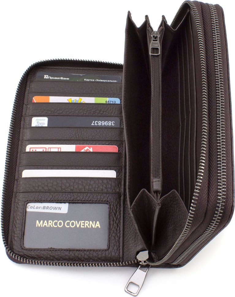 Коричневый мужской кошелек-клатч на две молнии из натуральной кожи высокого качества Marco Coverna (2107)