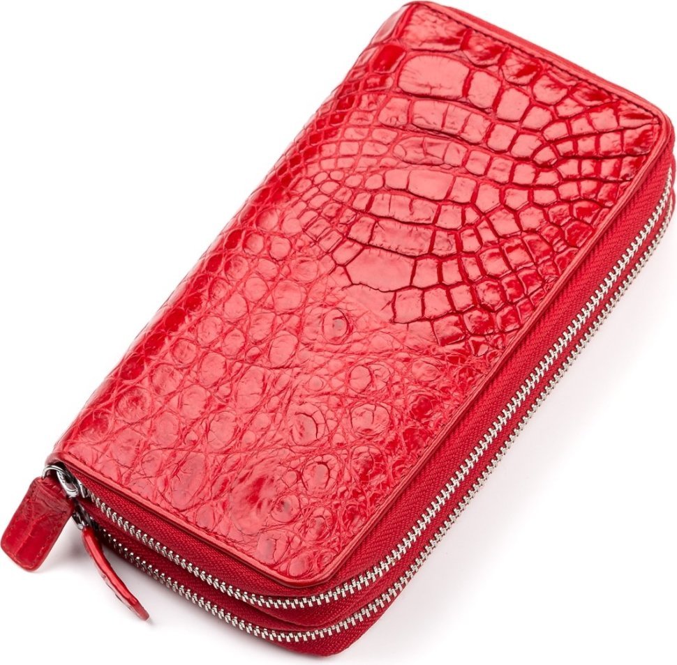 Великий гаманець-клатч з натуральної шкіри крокодила червоного кольору CROCODILE LEATHER (024-18027)