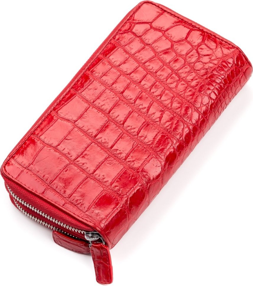 Великий гаманець-клатч з натуральної шкіри крокодила червоного кольору CROCODILE LEATHER (024-18027)