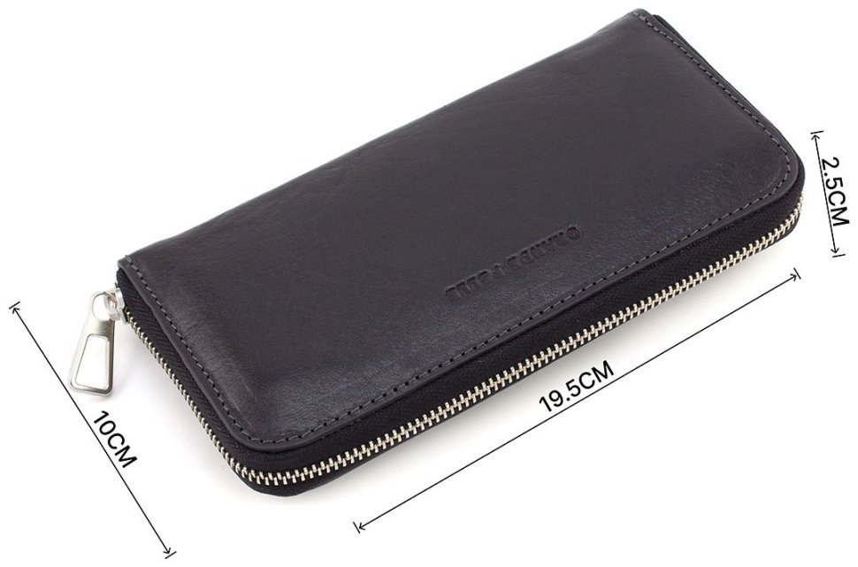 Великий шкіряний гаманець чорного кольору на блискавковій застібці Grande Pelle 67809