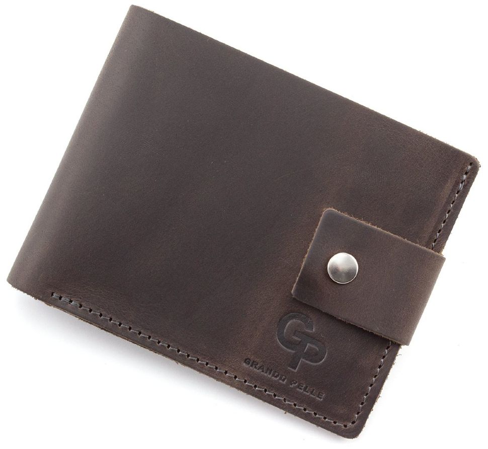 Оригінальний коричнево-чорний гаманець ручної роботи на кнопці Grande Pelle (13037)