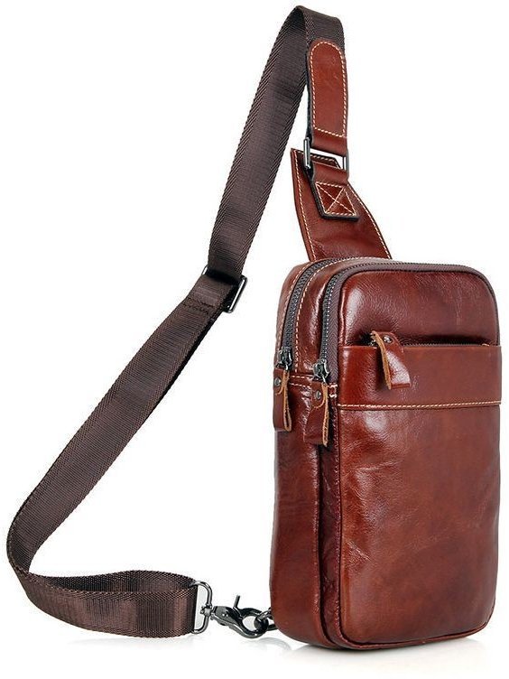 Вертикальная мужская сумка-слинг из качественной кожи коричневого цвета на два отдела John McDee (19695)