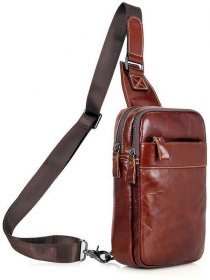 Вертикальна чоловіча сумка-слінг із якісної шкіри коричневого кольору на два відділи John McDee (19695)