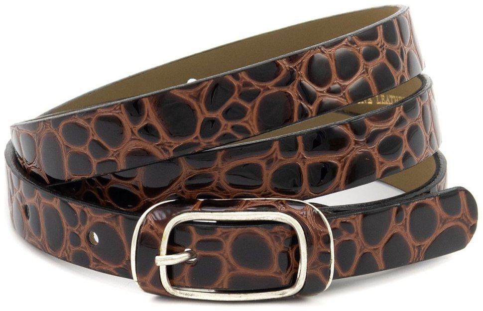 Узкий женский ремень кожаный лаковый с фактурой под рептилию коричневый Remar 21205 modnotak фото №1