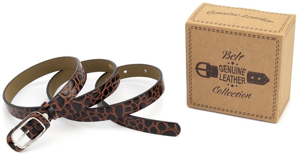 Узкий женский ремень кожаный лаковый с фактурой под рептилию коричневый Remar 21205 modnotak фото №5