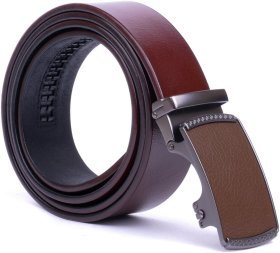 Стильний шкіряний брючний чоловічий ремінь коричневого кольору з пряжкою-автомат Vintage 2420339