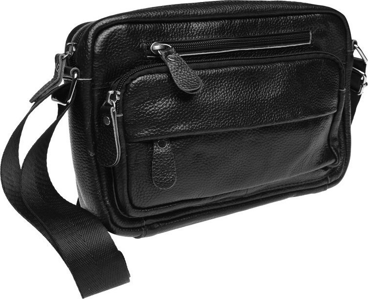 Горизонтальная мужская сумка на плечо из натуральной черной кожи Keizer (21916)
