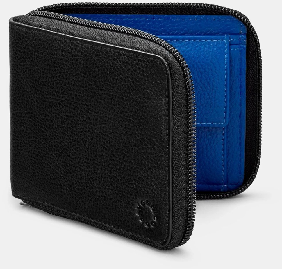 Кожаное на молнии портмоне мужское в два сложения Yoshi (черный снаружи и синий внутри) 94410 modnotak фото №1