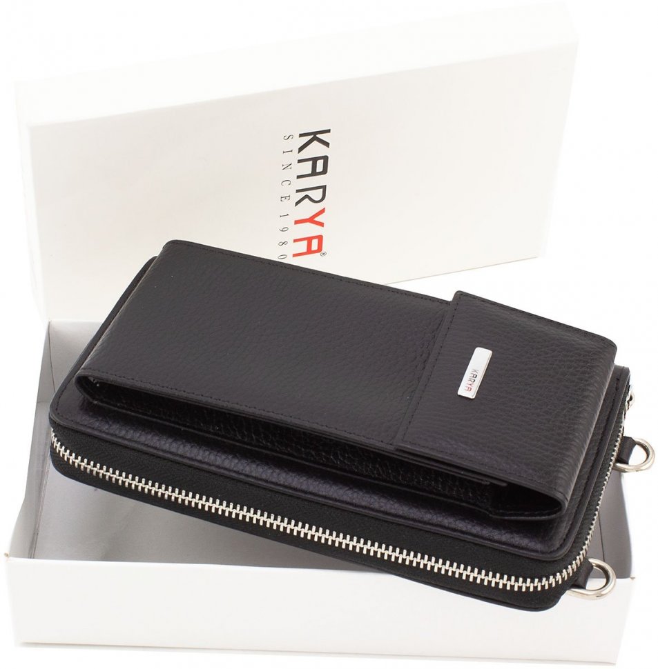 Чорний гаманець-клатч з натуральної шкіри з відділенням для телефону KARYA (1154-45)