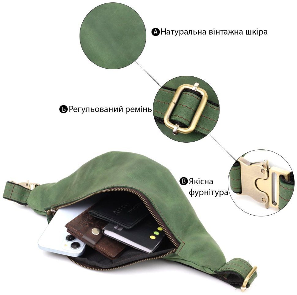 Мужская сумка-бананка из качественной винтажной кожи зеленого цвета Shvigel 95110 modnotak фото №4