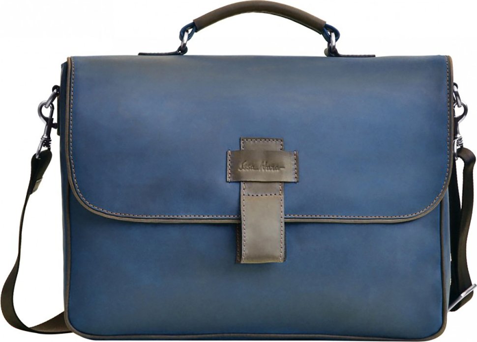 Вінтажний чоловічий шкіряний портфель синього кольору Issa Hara (21169)