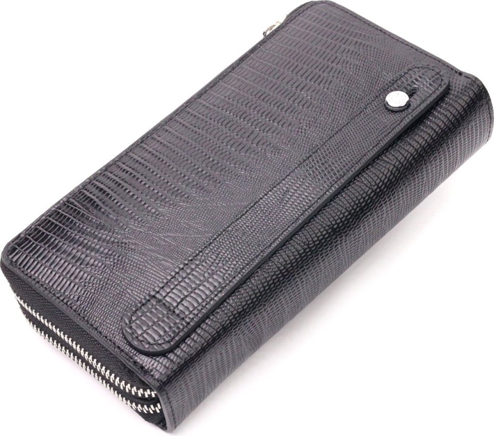 Чорний чоловічий гаманець-клатч із фактурної шкіри з тисненням під рептилію на дві блискавки KARYA (2421312)