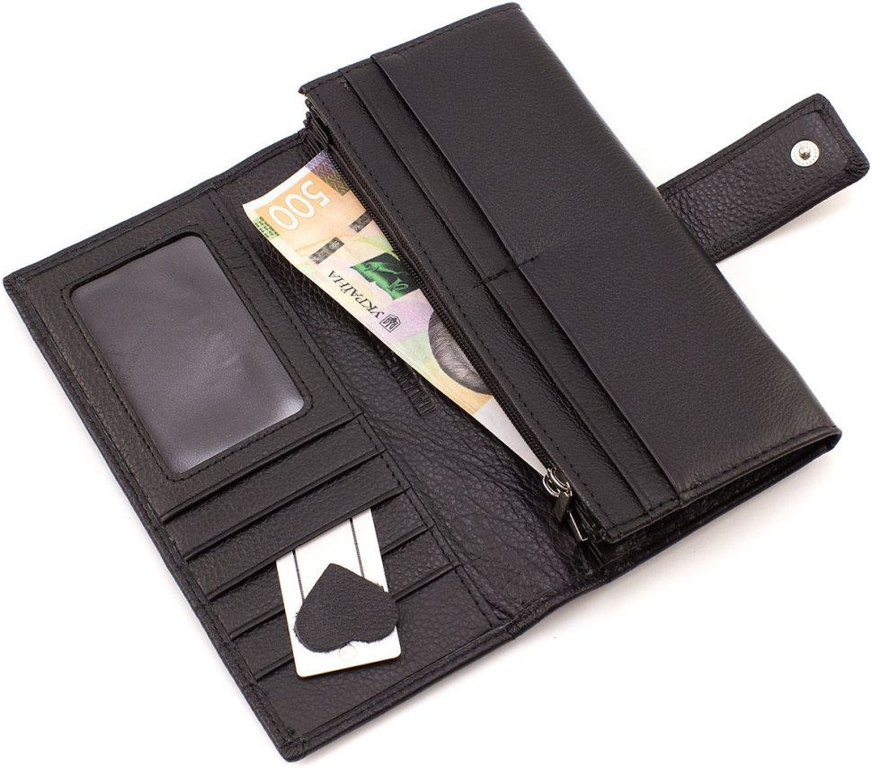 Чорний жіночий шкіряний гаманець великого розміру з хлястиком на кнопці ST Leather 1767410