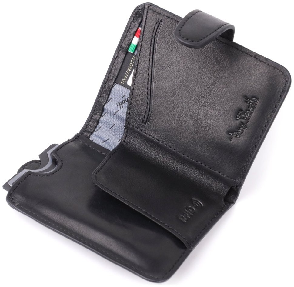 Вместительный кожаный картхолдер со скрытым отделением для карт с RFID-защитой Tony Perotti черного цвета 108110 modnotak фото №5