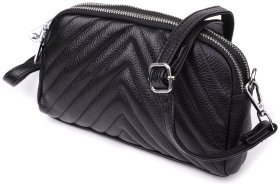 Компактна жіноча сумка на кожен день зі шкіри прошита трикутниками через плече Vintage 98210 чорного кольору