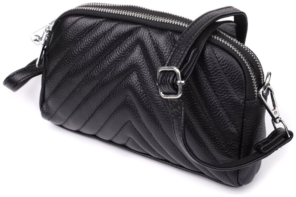 Компактна жіноча сумка на кожен день зі шкіри прошита трикутниками через плече Vintage 98210 чорного кольору modnotak фото №1