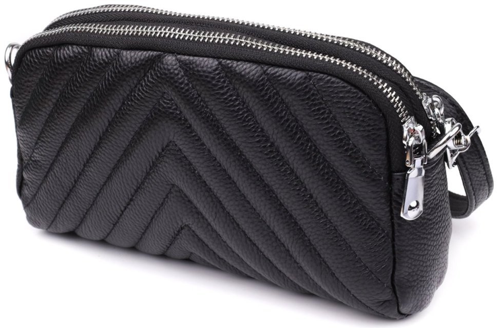 Компактна жіноча сумка на кожен день зі шкіри прошита трикутниками через плече Vintage 98210 чорного кольору modnotak фото №2