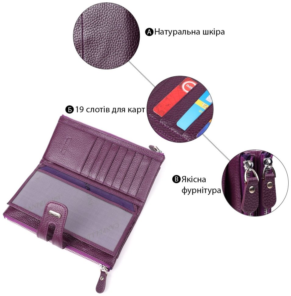 Повседневный женский кошелек из натуральной кожи с отделением для телефона на кнопке CANPELLINI фиолетового цвета 108510 modnotak фото №4
